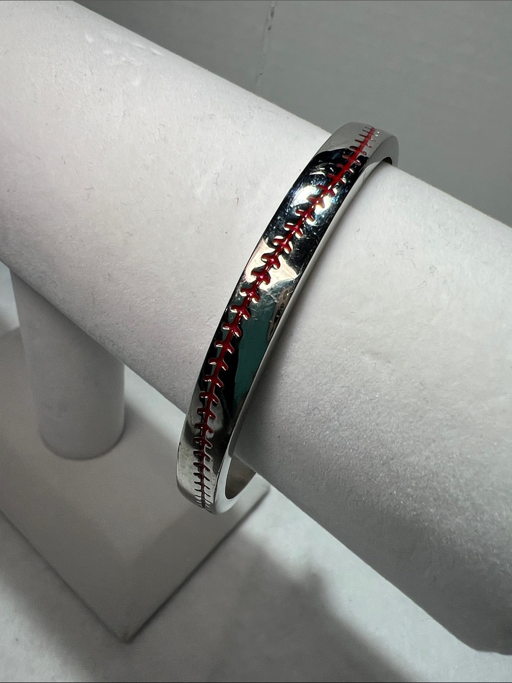 Silver Baseball Stitch Bangle with Red Accent
